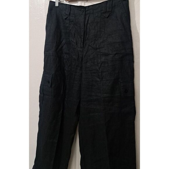 Real Comfort Womens Size 10 Wide Leg 100% Linen Cargo Pant Black LAGENLOOK - Picture 3 of 7